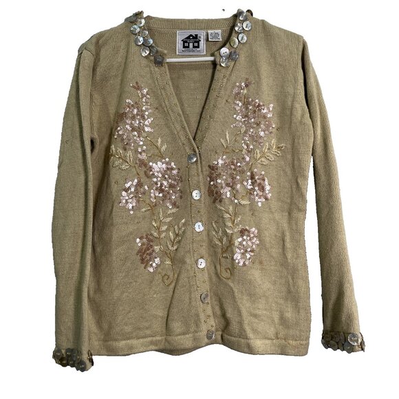Storybook Knits Cardigan Womens S Tan Knit Embellished Beaded Floral Cottage - Picture 1 of 8
